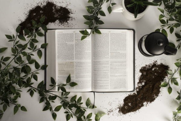 Open Bible with leaves and coffee mug