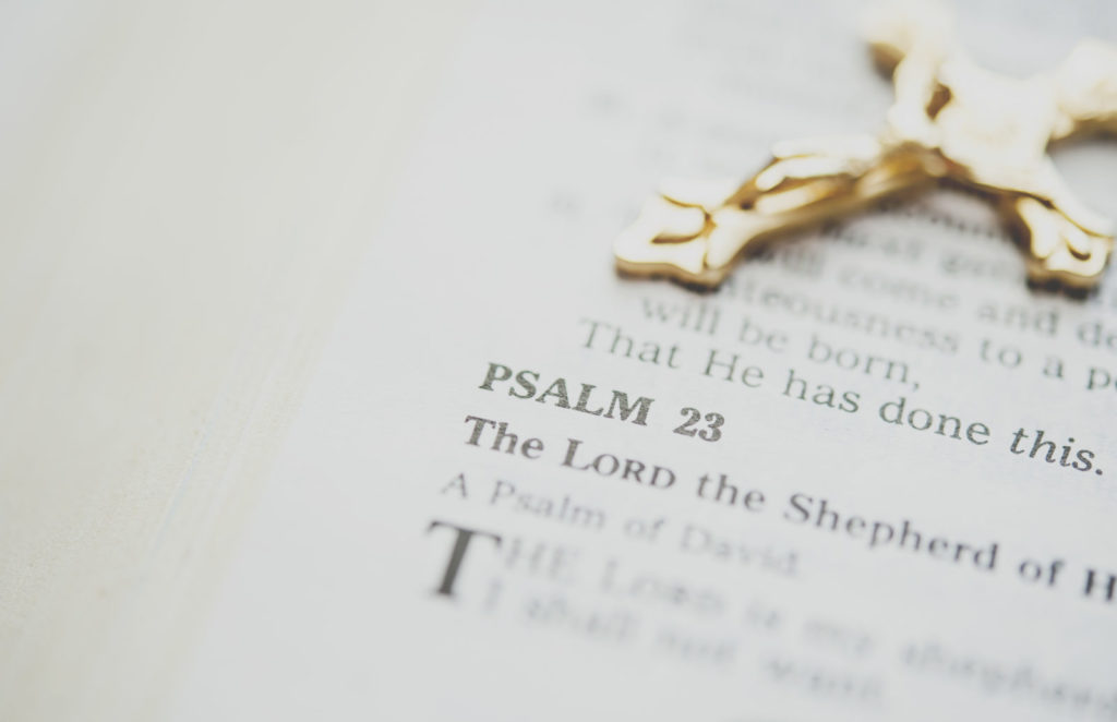 Bible opened to Psalm 23 for devotions