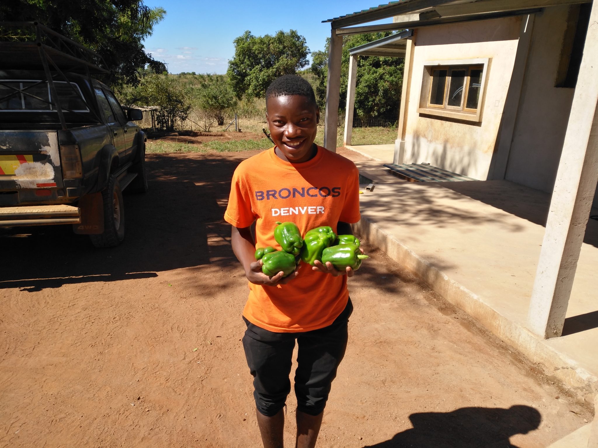 A Mozambican man holds four green peppers in his hands