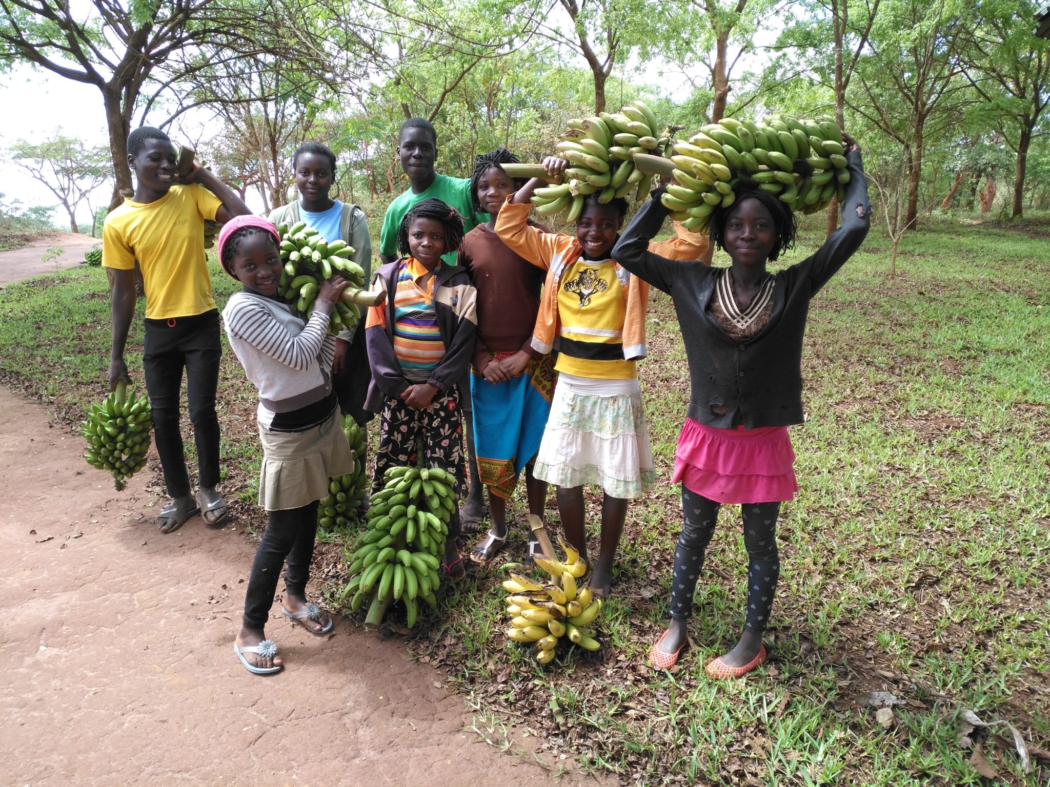 Mozambican students hold bunches of bananas on their shoulders and heads