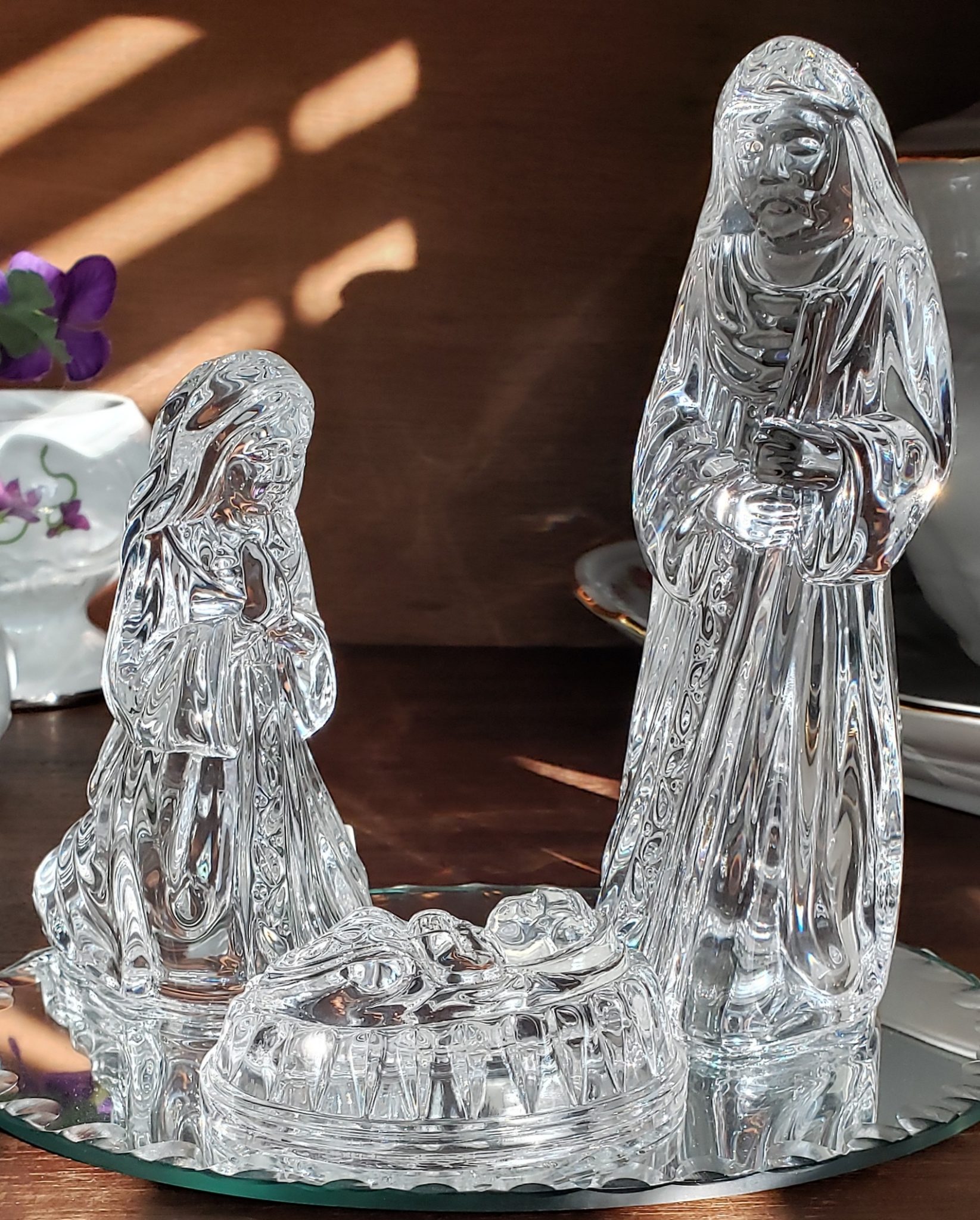 Joseph, Mary, and Jesus made out of crystal