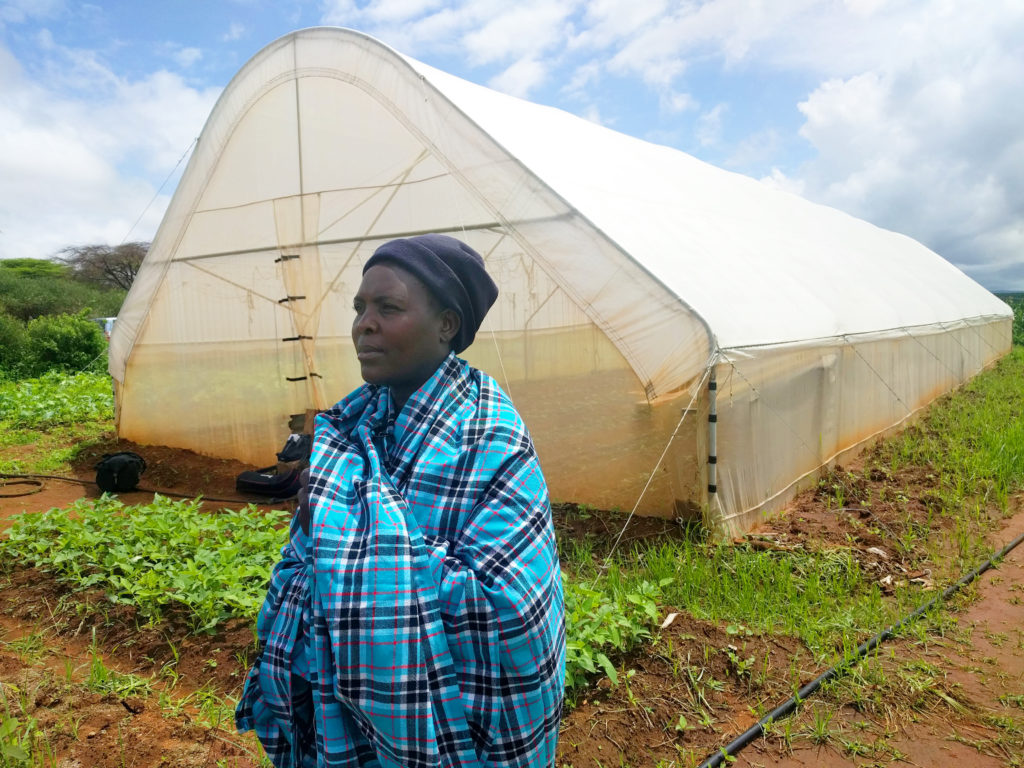 A Maasai tribe member in a bright blue plaid cloak looks ahead. A white canvas greenhouse and fields are in the background.