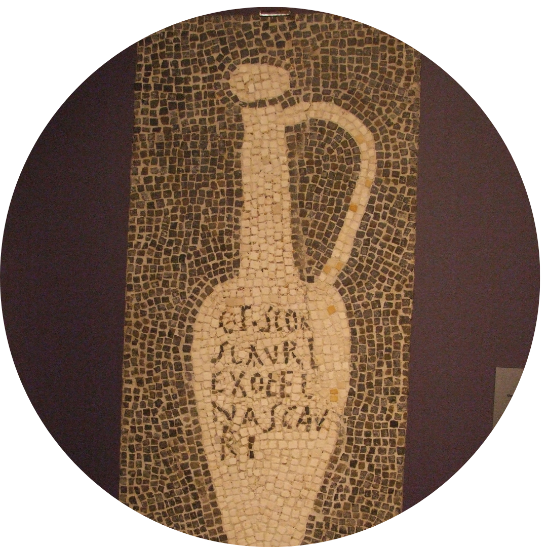 Ancient Roman mosaic displaying a container of Garum fish sauce
