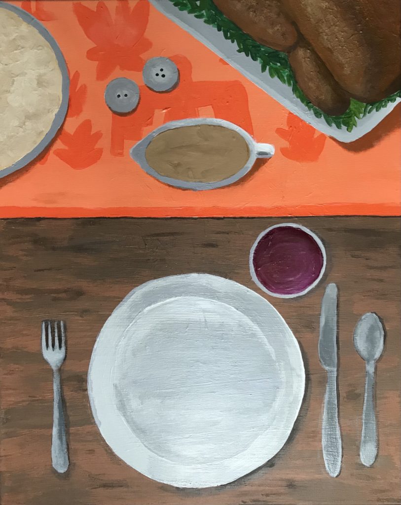 Painting of a dinner table by Indigenous American artist Bizzy Feekes