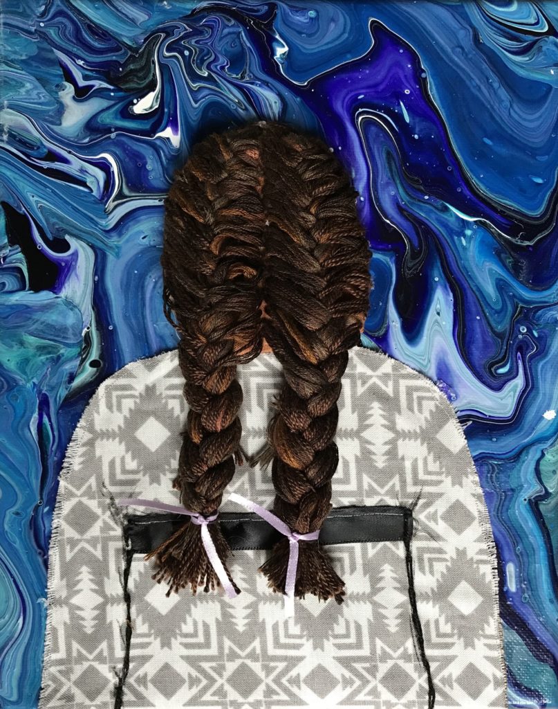 multimedia portrait of an Indigenous girl with two long brown braids and a traditional woven dress