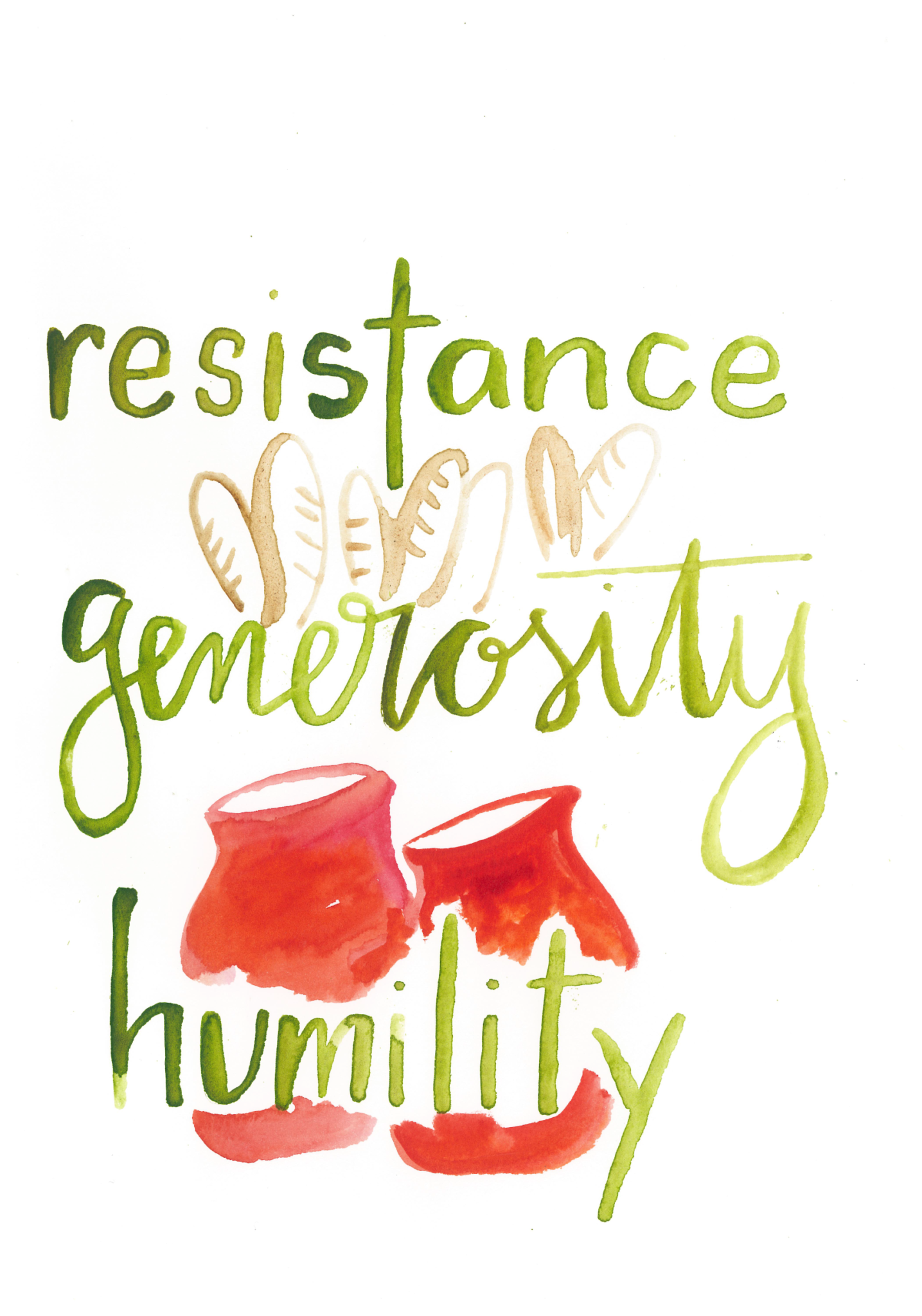 Abigail chapter art with words "resistance," "generosity," and "humility" and icons for bread and jugs