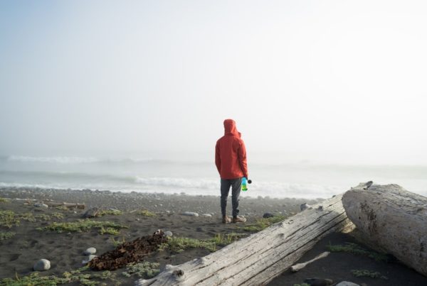man in red coat stands along the sandy shore with tree trunk barriers next to him