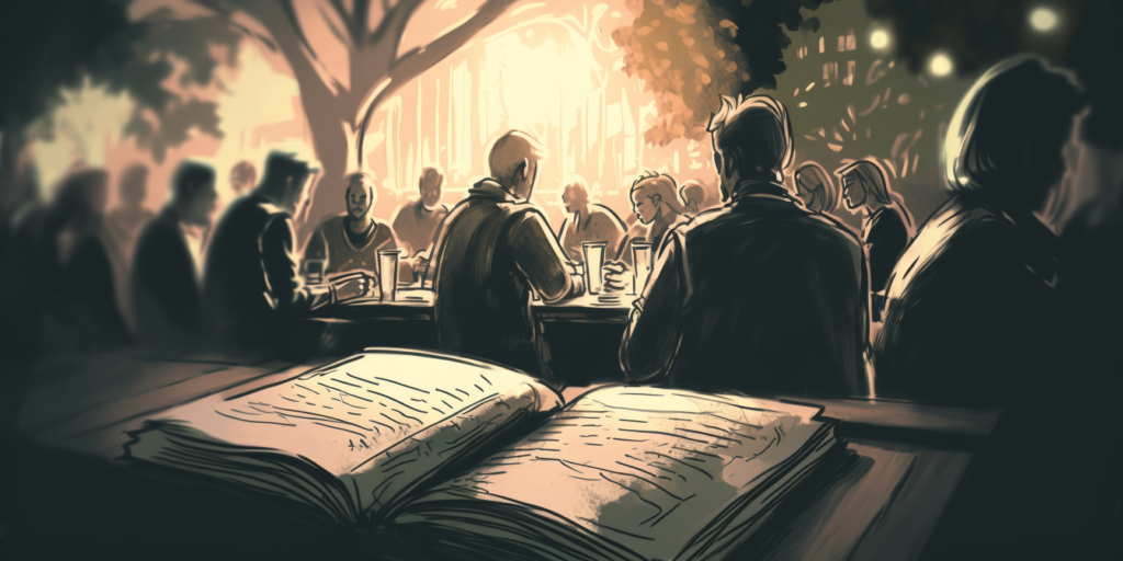 ilustración estilizada de una Biblia abierta con luz resplandeciente y personas alrededor de mesas en el fondo
