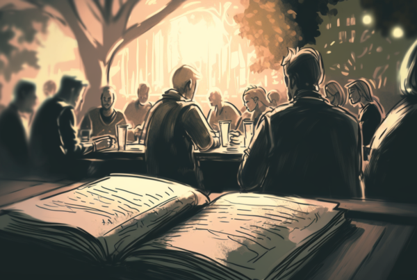 styled illustration of an open Bible with glowing light and people around tables in the background
