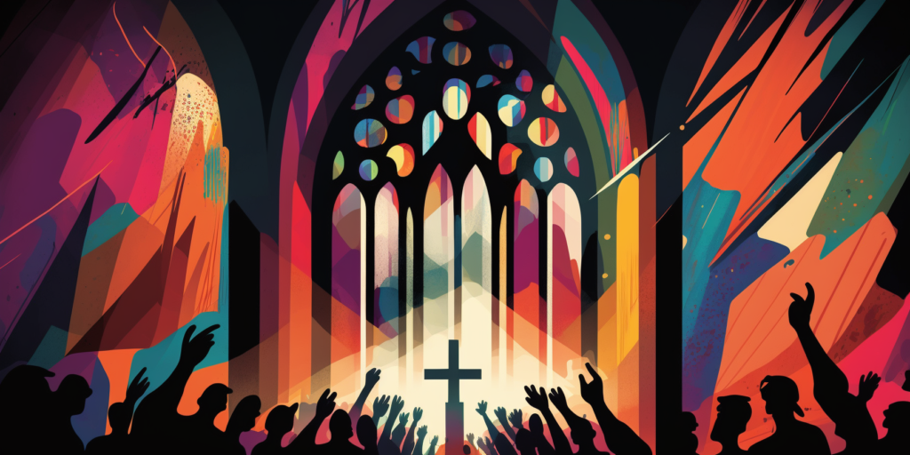 colorida ilustración de manos negras levantadas en la iglesia con una cruz en el centro