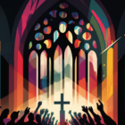 colorful illustration of Black hands raised in church with cross at the center
