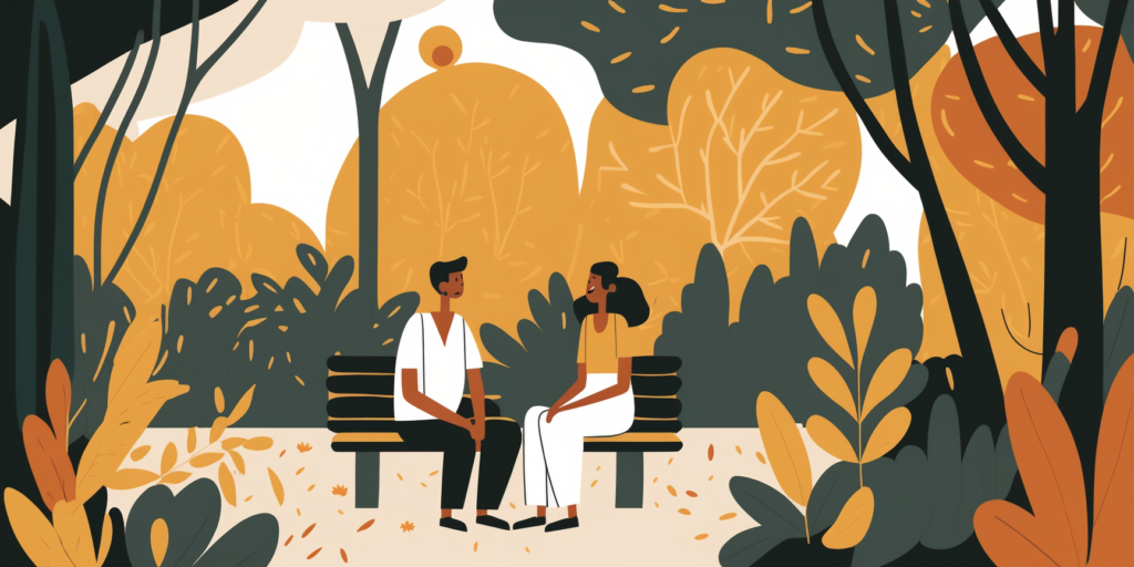ilustración de dos amigos sentados en un banco del parque