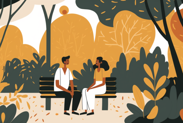 illustration of two friends sitting on park bench