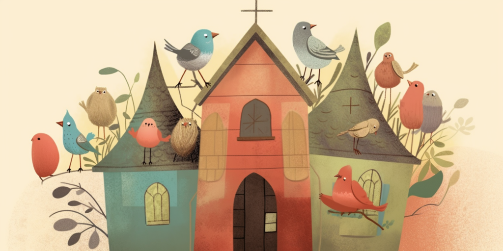 illustration of different birds flocked together at a big bird house