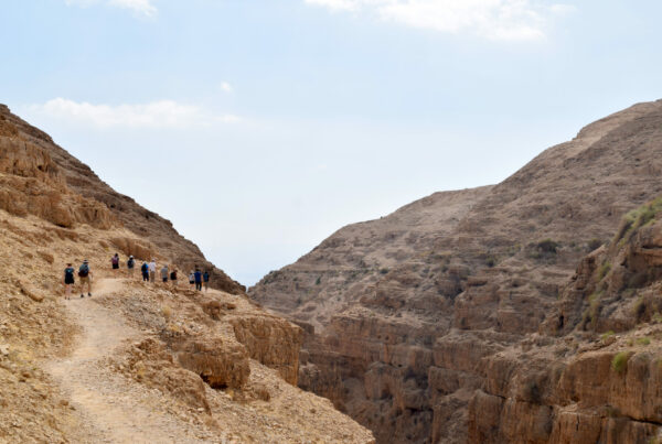 los viajeros caminan por la seca y polvorienta carretera de Jericó
