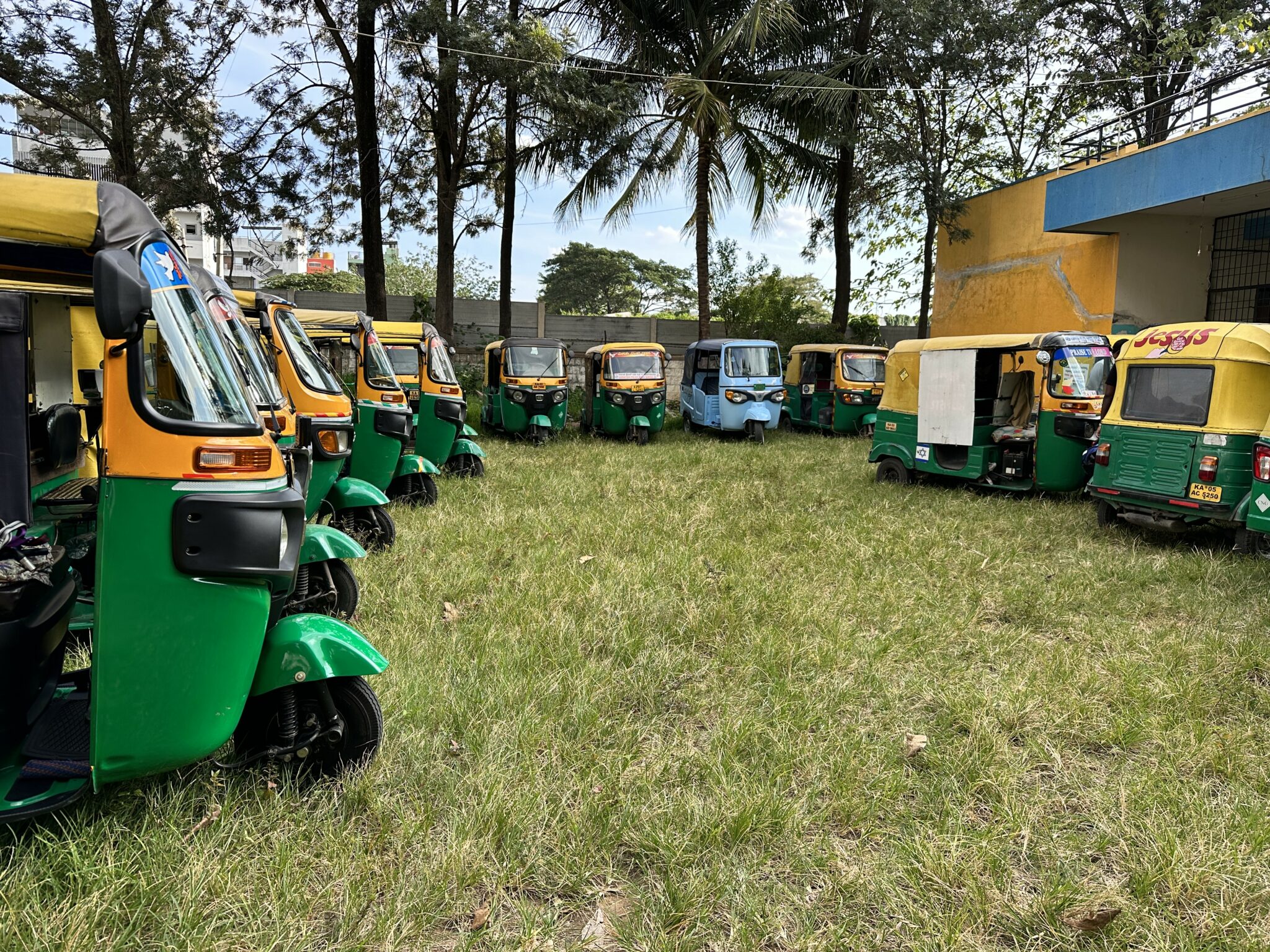 auto-rickshaws parked on a grassy field