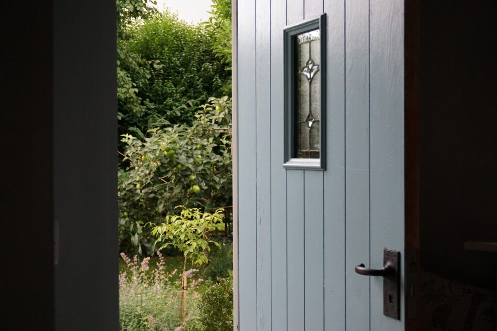 puerta azul abierta con plantas verdes en el exterior