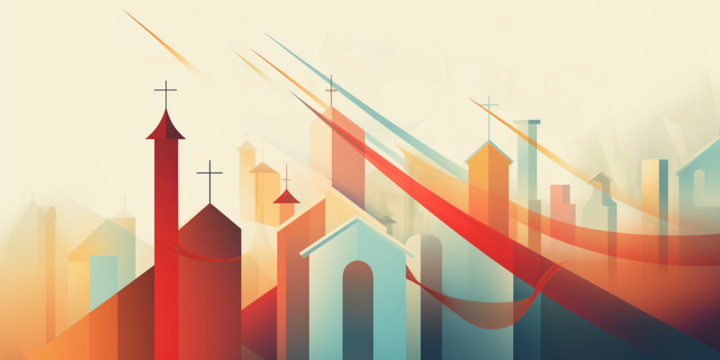 ilustración digital de edificios e iglesias con swishes de colores