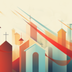 digital illustration of buildings and churches with colorful swishes