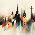 computer artwork of silhouetted church buildings