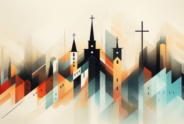 computer artwork of silhouetted church buildings