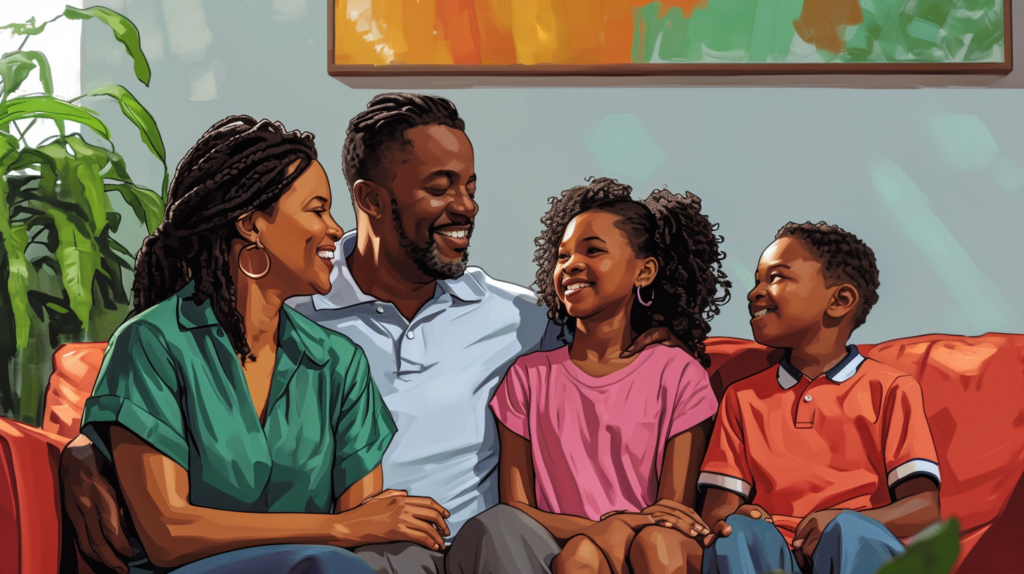 ilustración digital de una familia negra con dos niños sentados en un sofá